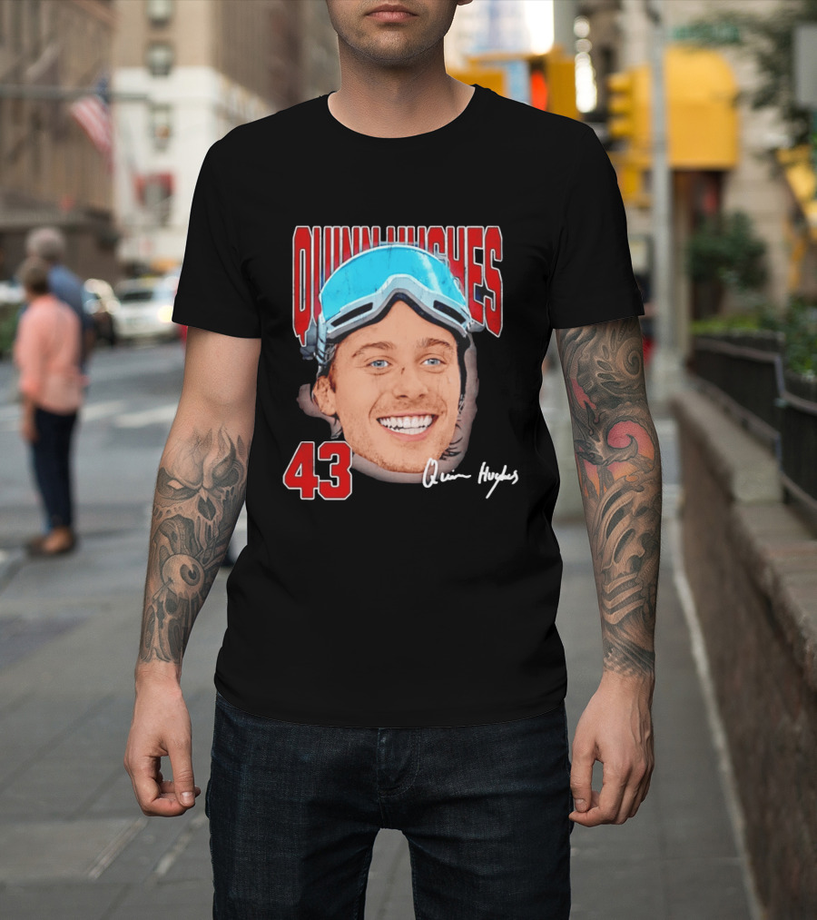 Quinn Hughes Big Head Goggles 43 Signature T-Shirt