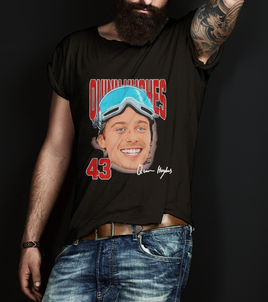Quinn Hughes Big Head Goggles 43 Signature T-Shirt