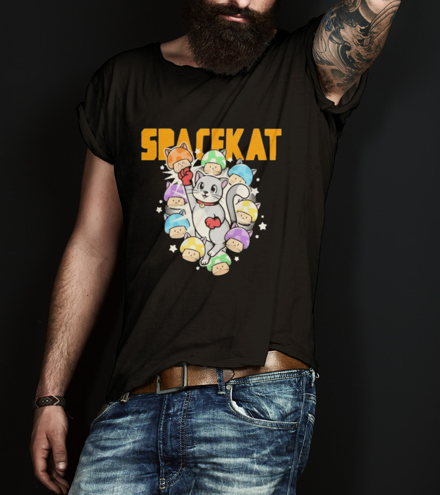 Spacekat Cat Surrounded By Colorful Mushroom Characters T-Shirt