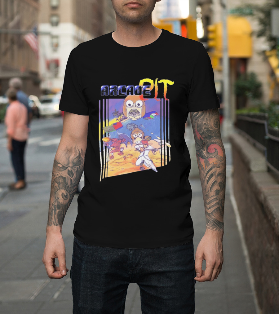 Arcade Pit Smight X Contra Characters And Cartoon Face Beach Scene T-Shirt