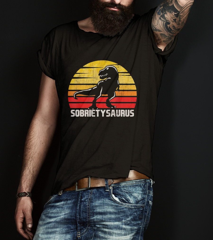 Sober Sobrietysaurus Sobriety Anniversary Recovery Rex Sunset T-Shirt