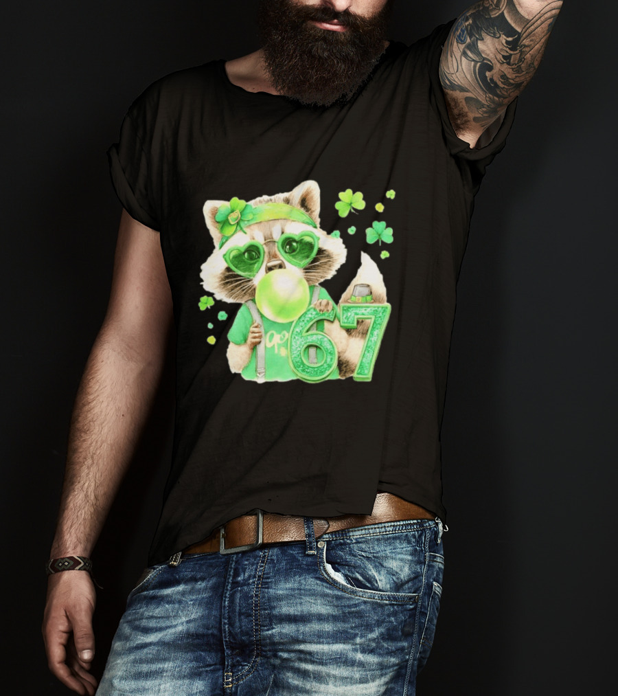 St Patrick's Day Raccoon With Shamrock Heart Glasses And 67 Bubblegum T-Shirt