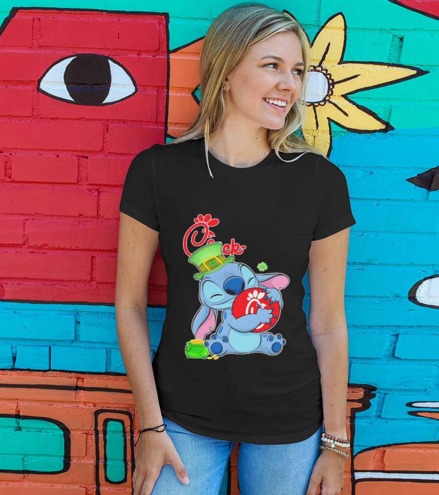 Stitch Holding Chick Fil A Logo With St. Patrick's Day Hat And Clover T-Shirt