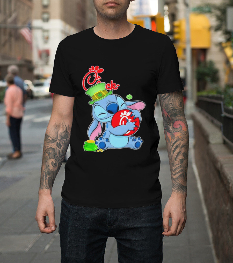 Stitch Holding Chick Fil A Logo With St. Patrick's Day Hat And Clover T-Shirt