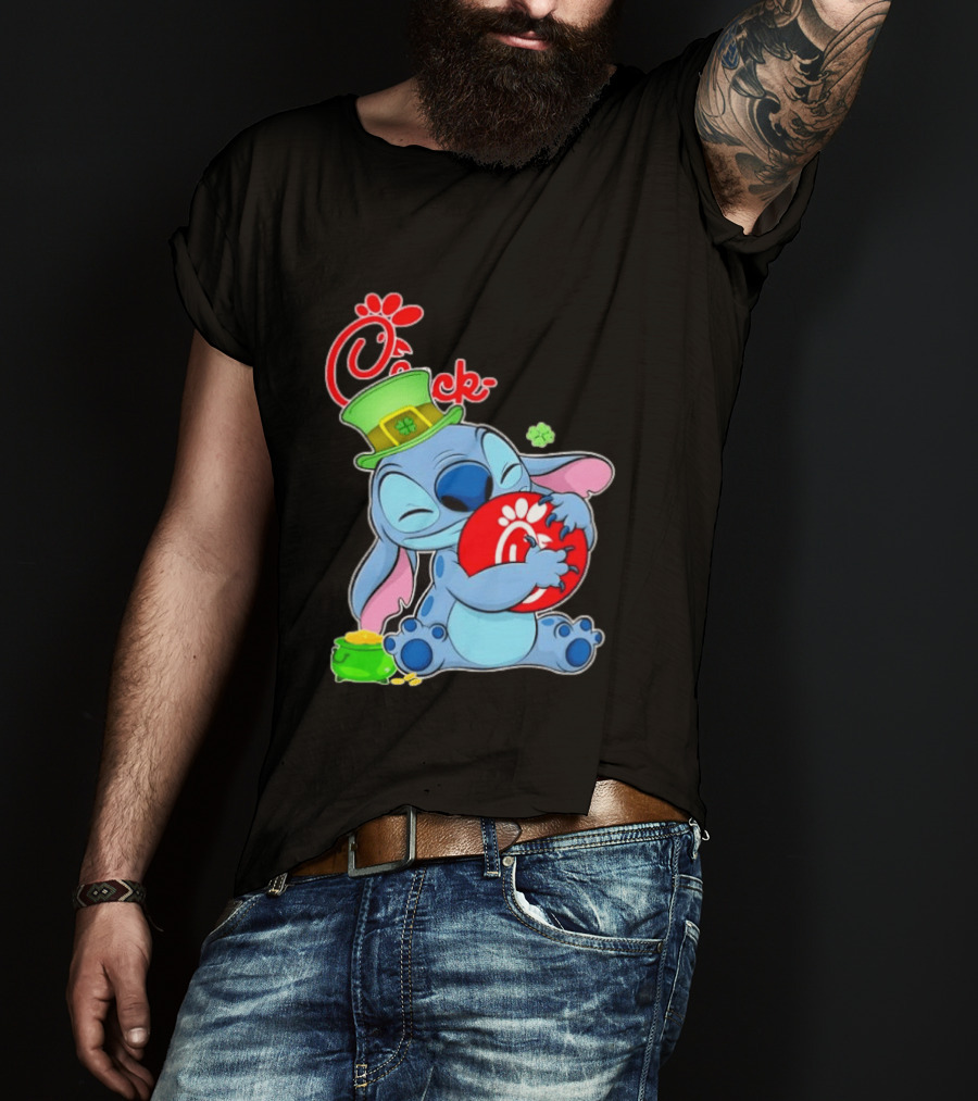 Stitch Holding Chick Fil A Logo With St. Patrick's Day Hat And Clover T-Shirt