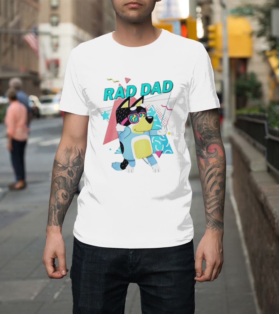 Blue Dog Rad Dad Retro Vibes With Sunglasses And Geometric T-Shirt