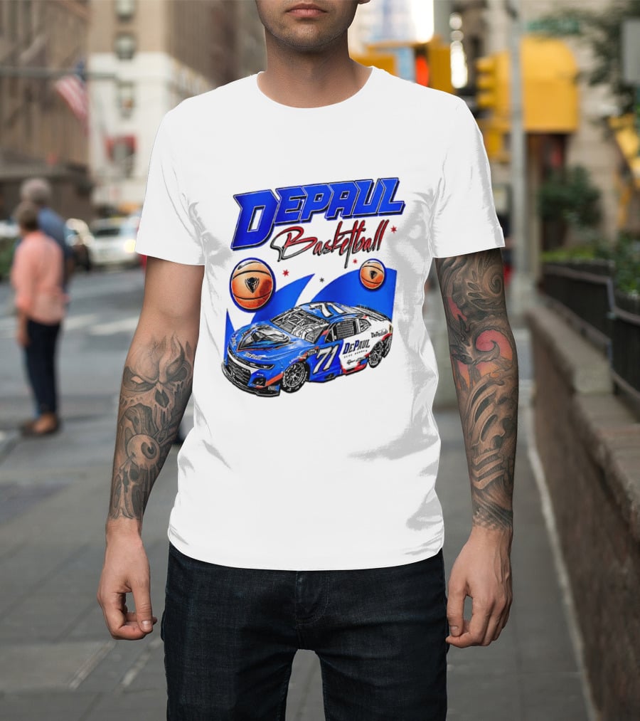 DePaul Basketball NASCAR Collaboration With Blue Race Car And Basketball T-Shirt