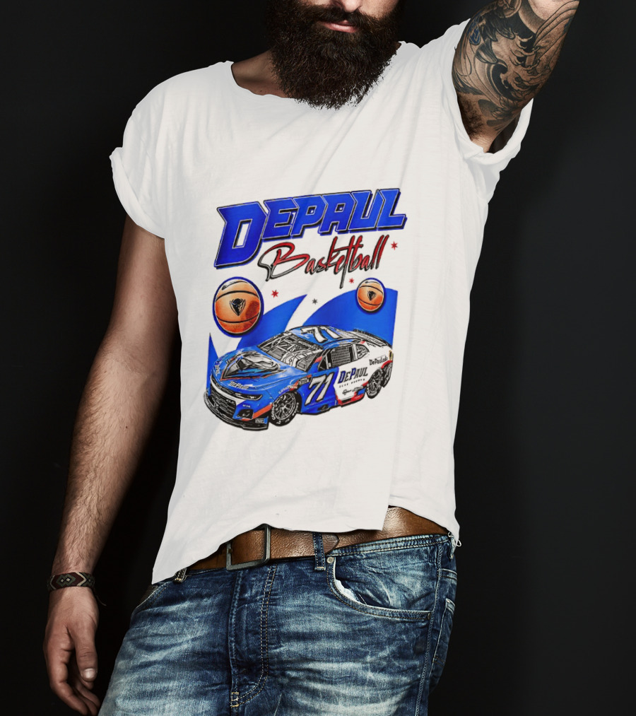 DePaul Basketball NASCAR Collaboration With Blue Race Car And Basketball T-Shirt