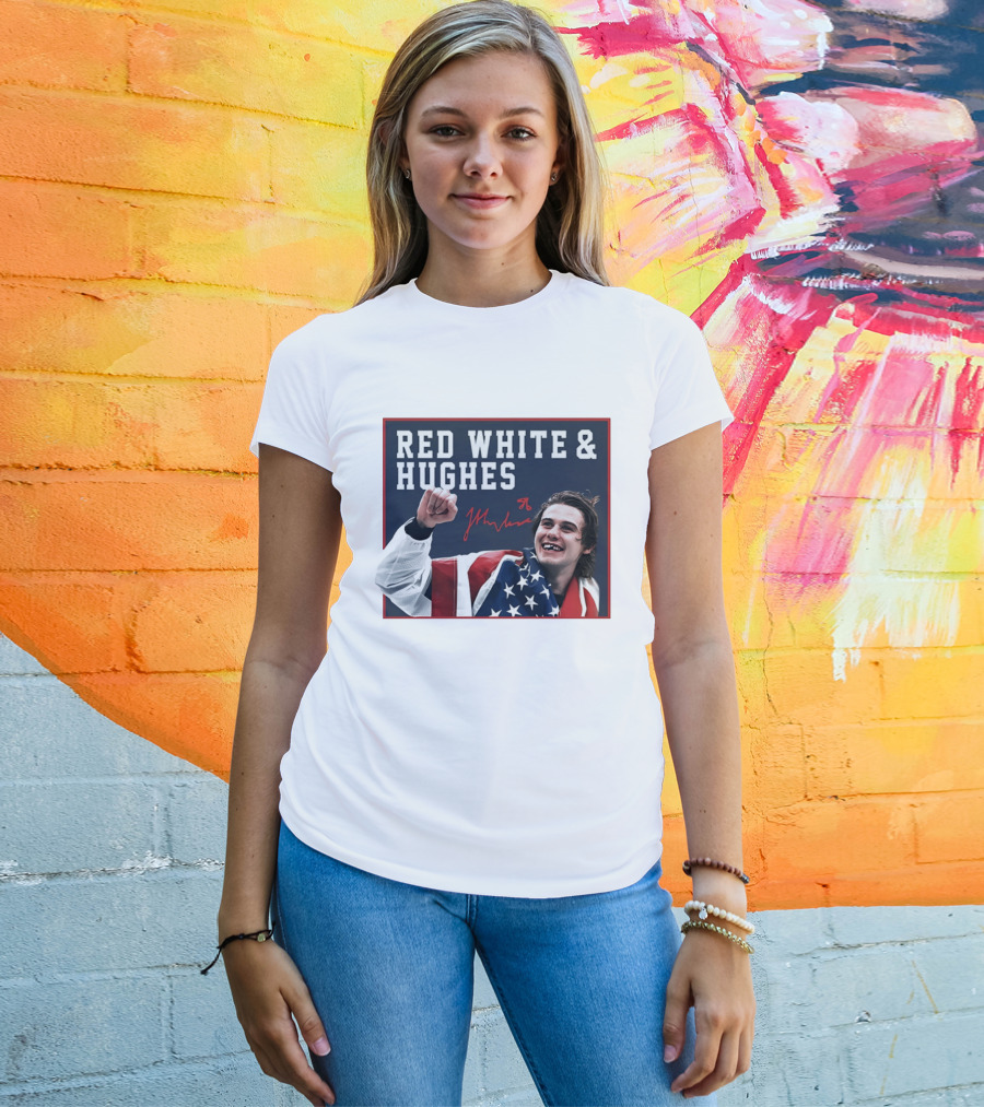 Red White & Hughes Jack Hughes USA Hockey 2026 Golden Goal T-Shirt