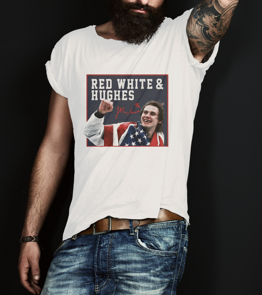 Red White & Hughes Jack Hughes USA Hockey 2026 Golden Goal T-Shirt