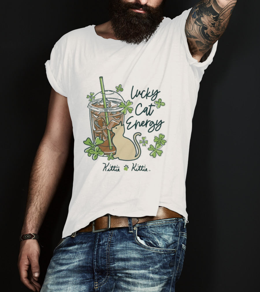 Lucky Cat Energy Kittie Kittie St. Patrick's Day Shamrock Iced Drink T-Shirt