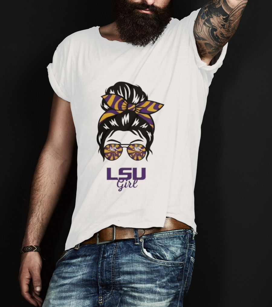 LSU Tigers Girl Purple Yellow Stripes Messy Bun Glasses T-Shirt