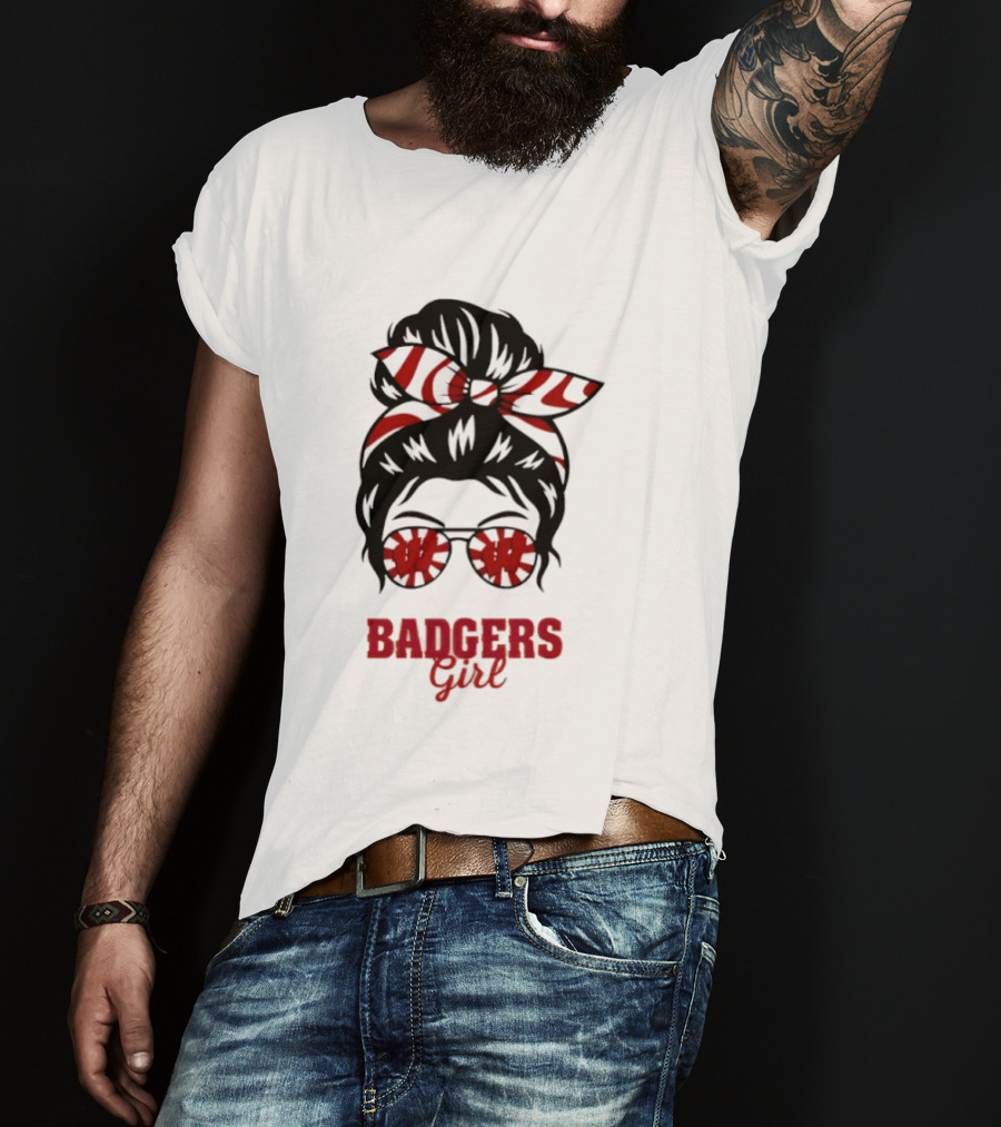 Wisconsin Badgers Girl Messy Bun Glasses Bow T-Shirt