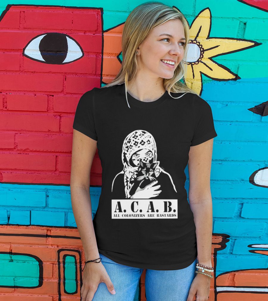 A.C.A.B. All Colonizers Are Bastards Protest Image With Floral Hijab Woman And Cat T-Shirt