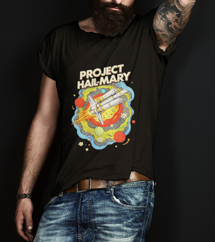Project Hail Mary Rocket Launching Through Colorful Space Planets T-Shirt