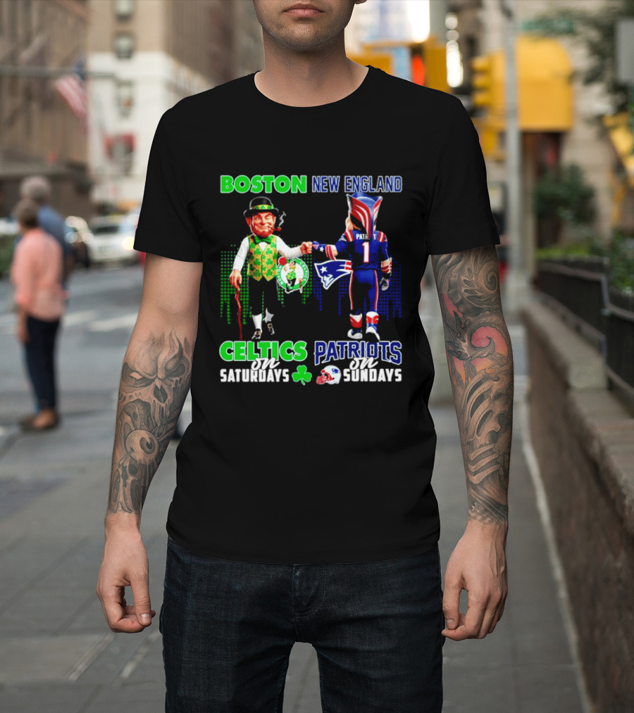 Boston Celtics Saturdays And New England Patriots Sundays Skyline T-Shirt