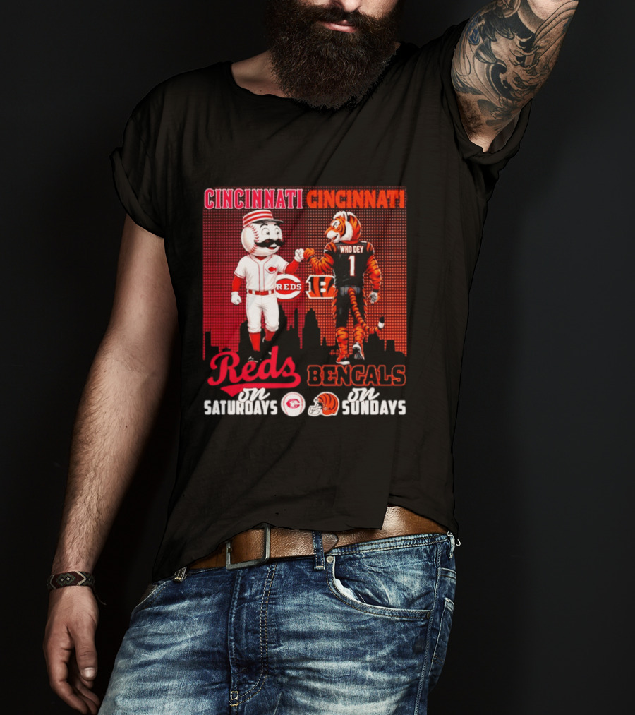 Cincinnati Reds Saturdays Vs Bengals Sundays City Mascots Skyline T-Shirt