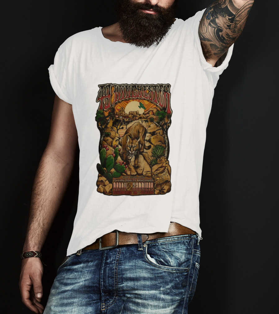 49 Winchester Pioneertown May 9 2026 Flying Mojito Brothers Pap Yu Harlins Cat Desert Scene T-Shirt