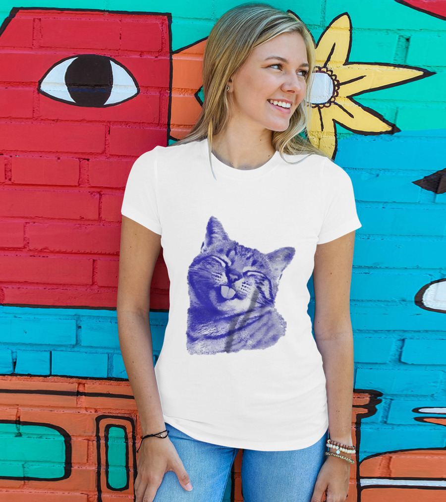 Playful Cat Sticking Out Tongue In Blue Tint T-Shirt