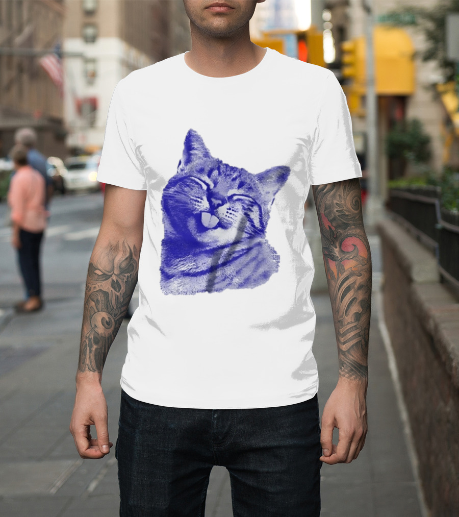 Playful Cat Sticking Out Tongue In Blue Tint T-Shirt