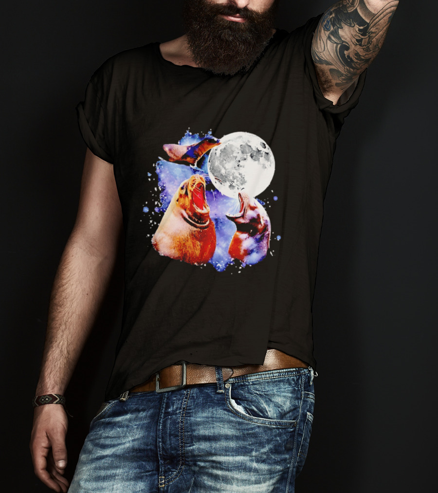 Sea Lion Trio Howling At The Moon In Outer Space Scene T-Shirt
