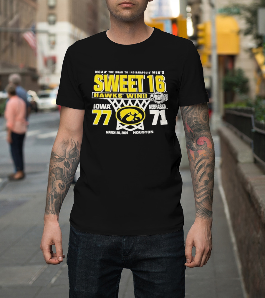 NCAA March Madness The Road To Indianapolis Men's Sweet 16 Hawks Win Iowa 77 Nebraska 71 March 25 1989 Houston T-Shirt