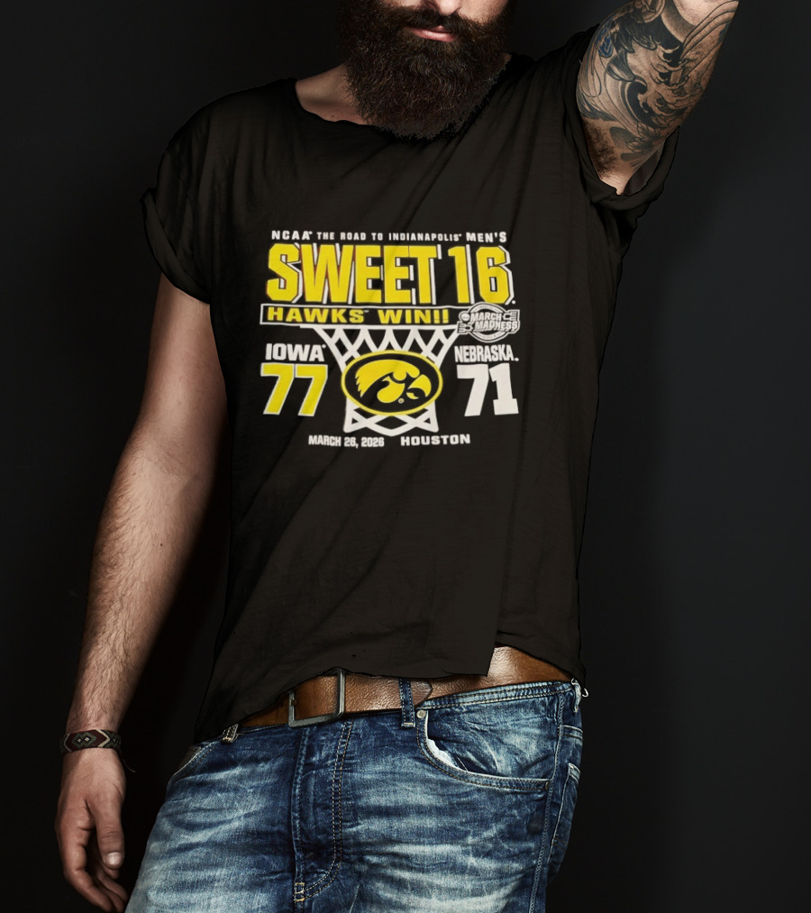 NCAA March Madness The Road To Indianapolis Men's Sweet 16 Hawks Win Iowa 77 Nebraska 71 March 25 1989 Houston T-Shirt