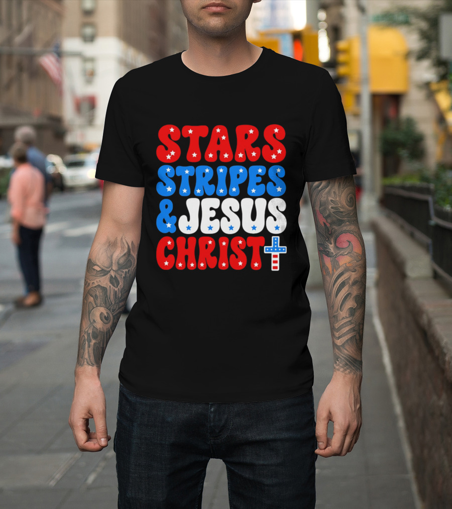 Patriotic Stars Stripes Jesus Christ Christian Faith Cross T-Shirt