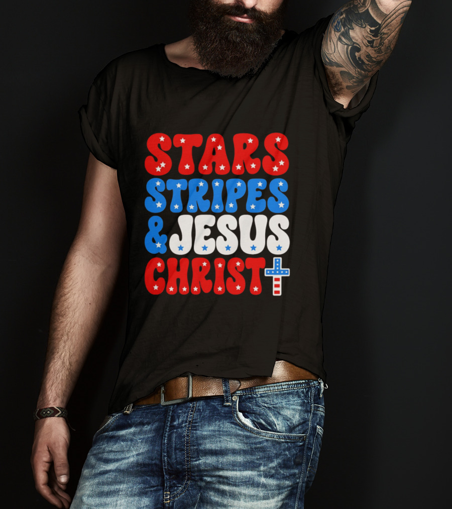 Patriotic Stars Stripes Jesus Christ Christian Faith Cross T-Shirt