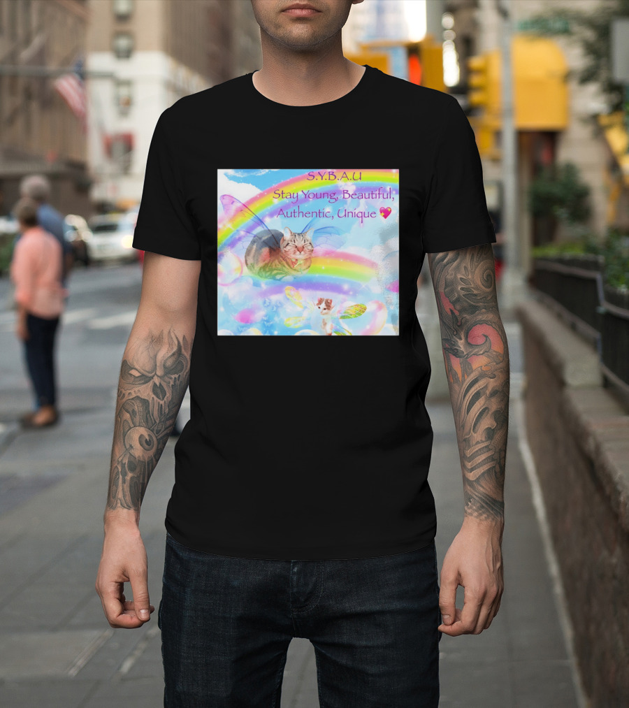 S.Y.B.A.U Stay Young Beautiful Authentic Unique Cat Rainbow Wings T-Shirt