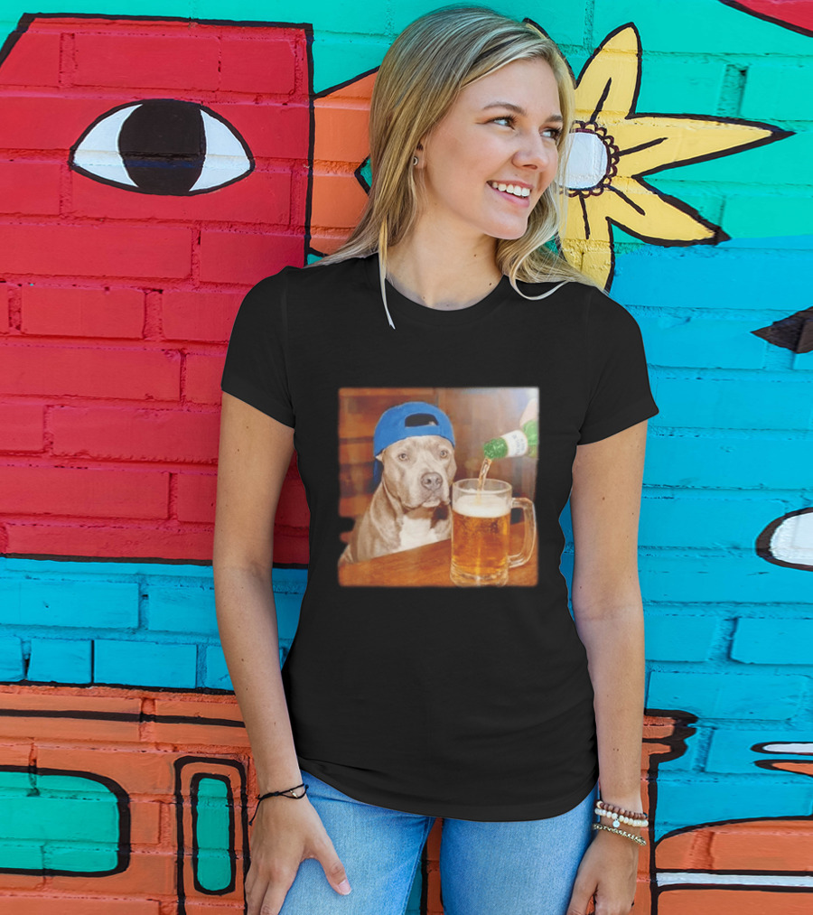 Pit Bull Drinking Beer Blue Cap Meme T-Shirt