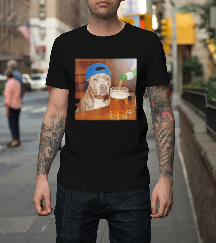 Pit Bull Drinking Beer Blue Cap Meme T-Shirt