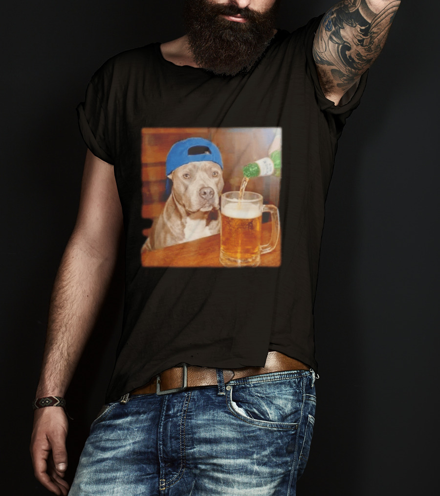 Pit Bull Drinking Beer Blue Cap Meme T-Shirt