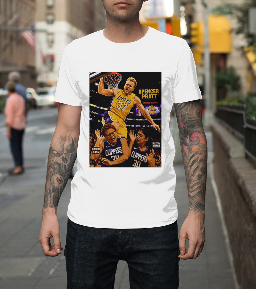 Los Angeles Lakers Spencer Pratt Dunks Staples Center Clippers Karen Bass Nithya Raman T-Shirt