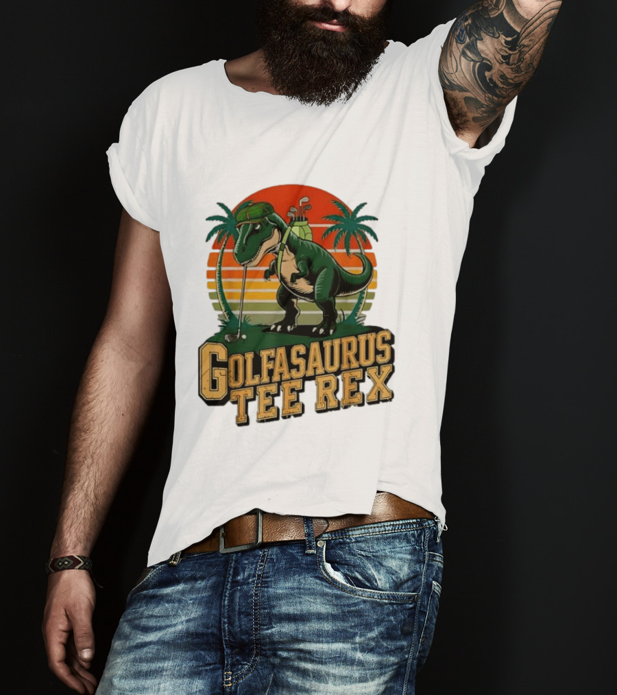 Golfasaurus Rex Rex Dinosaur Playing Golf Sunset Palm Trees T-Shirt
