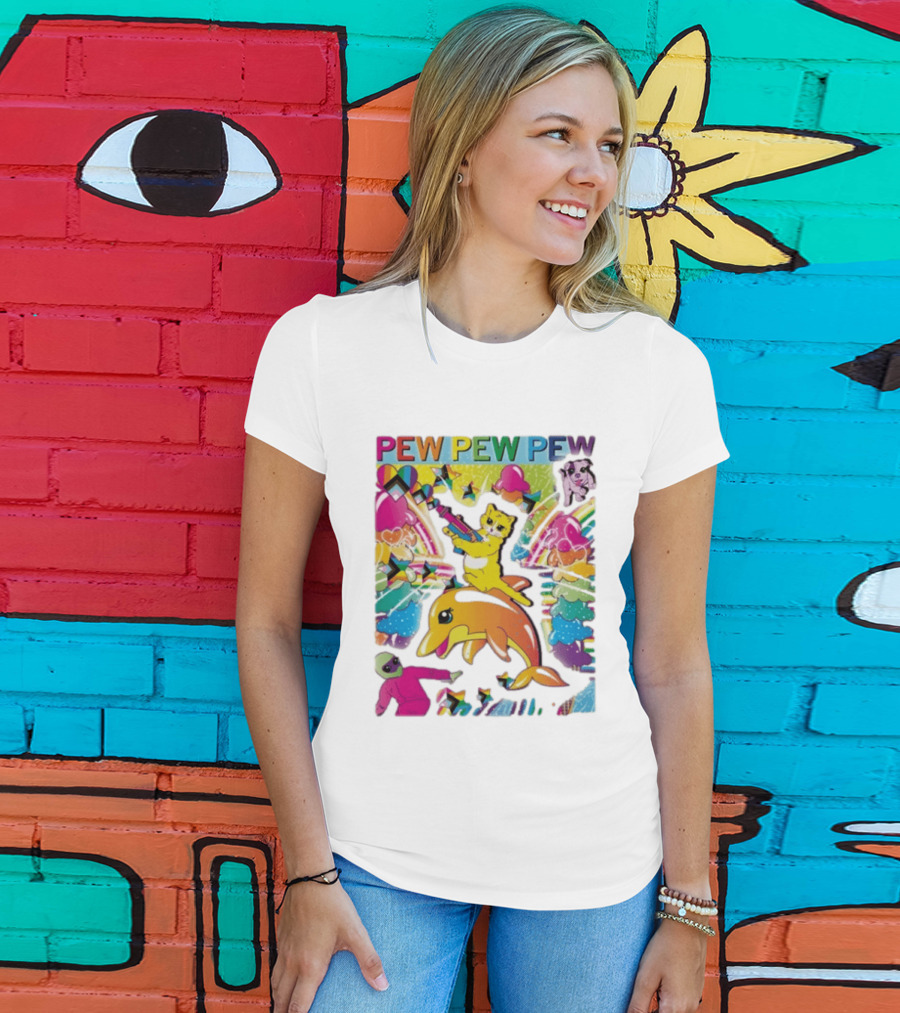 Pew Pew Pew Colorful Cat Dolphin Alien Rainbow T-Shirt