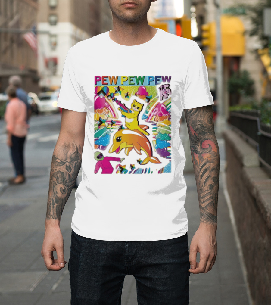 Pew Pew Pew Colorful Cat Dolphin Alien Rainbow T-Shirt