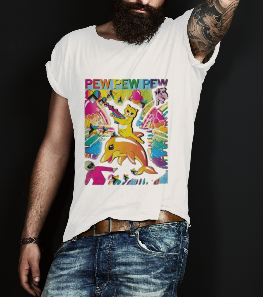 Pew Pew Pew Colorful Cat Dolphin Alien Rainbow T-Shirt