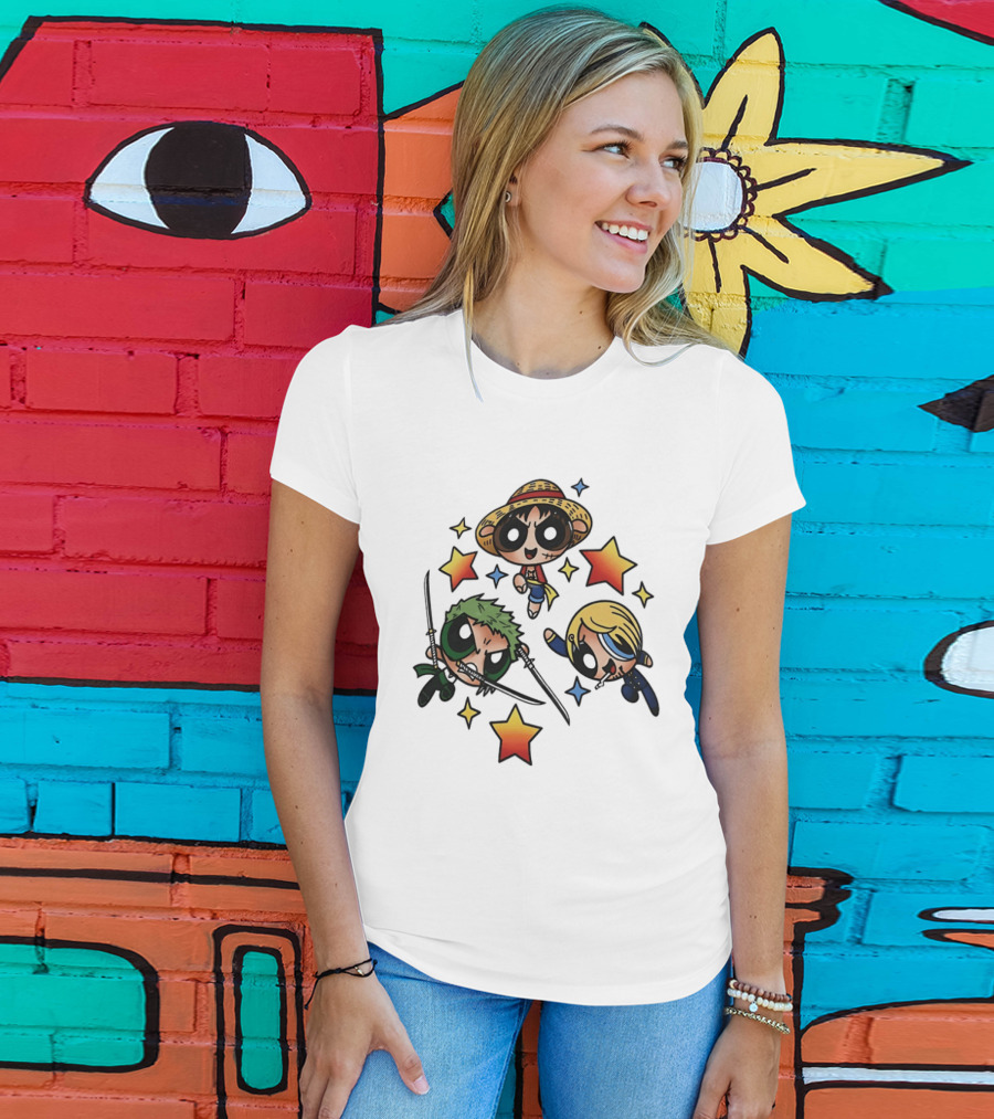 Luffy Zoro Sanji Fusion One Piece Powerpuff Girls Crossover Cute Anime Stars T-Shirt