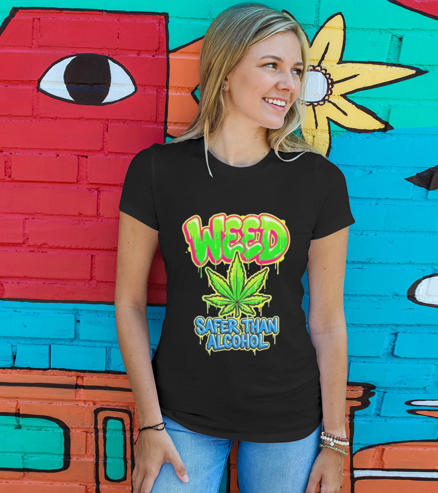 Weed Safer Than Alcohol Leaf Bright Graffiti T-Shirt