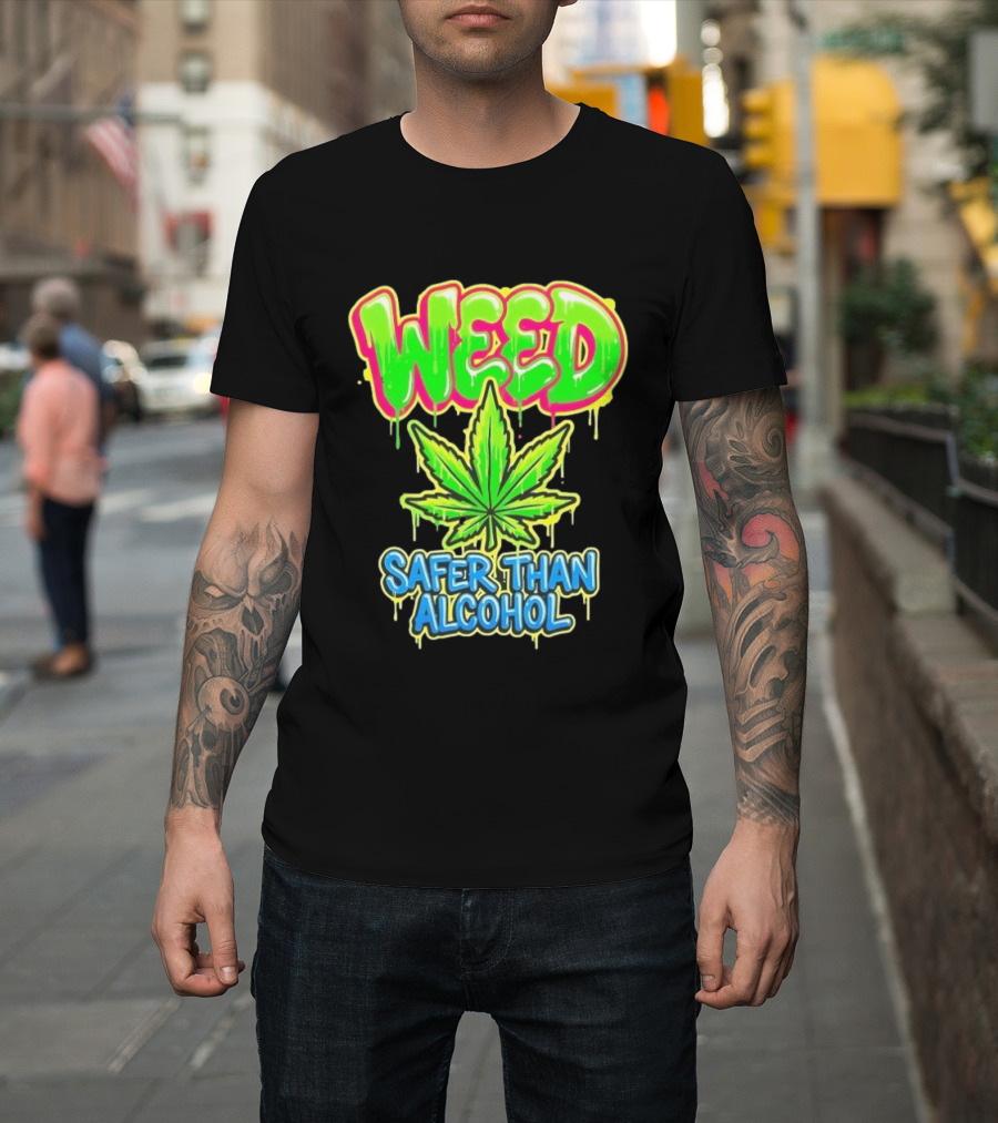 Weed Safer Than Alcohol Leaf Bright Graffiti T-Shirt
