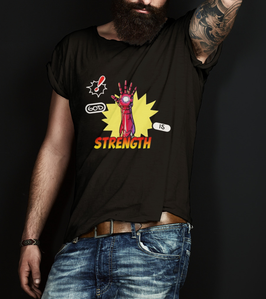 Iron Man God Is Strength Exclamation Comic Style Burst T-Shirt
