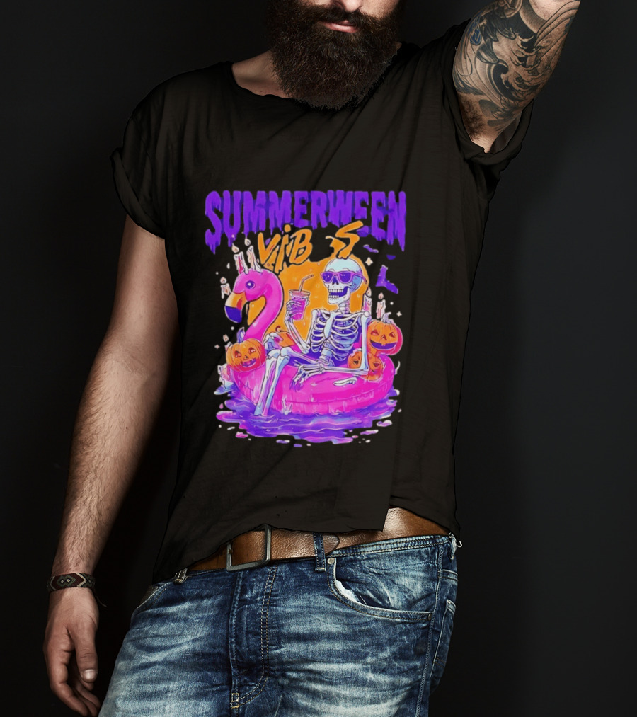 Summerween Vibes Skeleton On Flamingo With Pumpkins T-Shirt