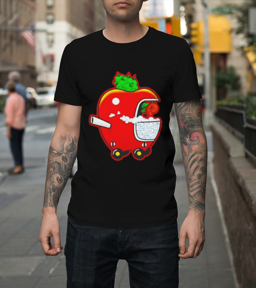 Smokey Worm Apple Cartoon Red Apple With Smoke And Wheels T-Shirt