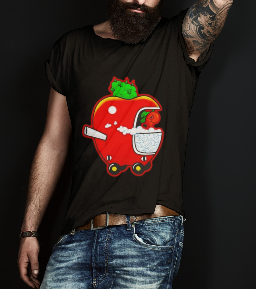 Smokey Worm Apple Cartoon Red Apple With Smoke And Wheels T-Shirt