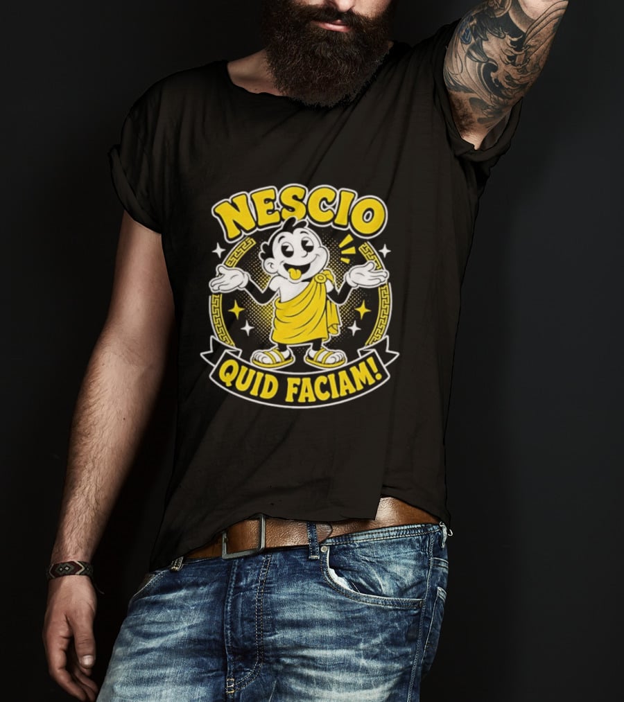 Nescio Quid Faciam Cartoon Ancient Roman Character Greek Key Border T-Shirt
