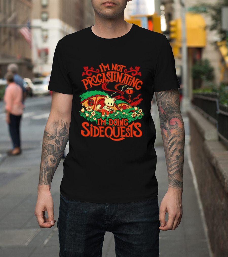 I'm Not Procrastinating I'm Doing Side Quests Cute Cat Adventure Scene T-Shirt