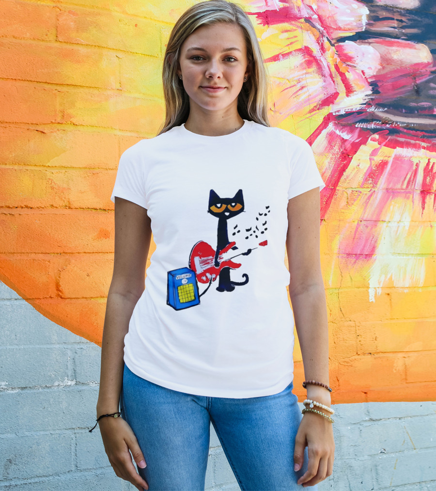 Pete The Cat Playing Red Guitar With Volume Amplifier Music Notes T-Shirt