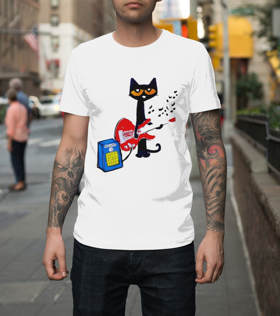 Pete The Cat Playing Red Guitar With Volume Amplifier Music Notes T-Shirt