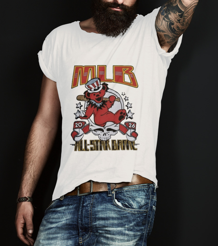 MLB 2026 All Star Game Grateful Dead Bear With Bat Patriotic Hat T-Shirt